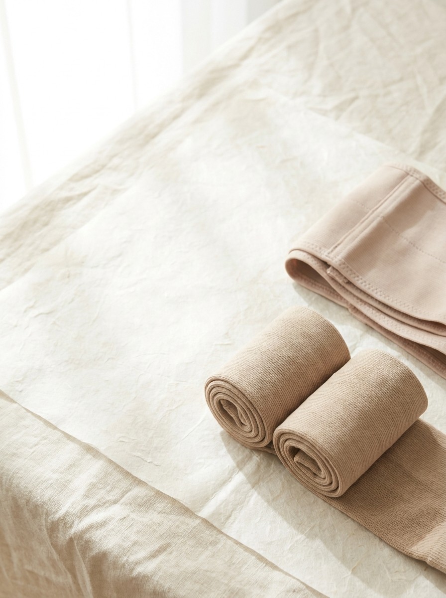 A pair of rolled beige compression stockings and a folded beige abdominal band at the lower-right of hanji paper on cream linen, the upper-left left empty.