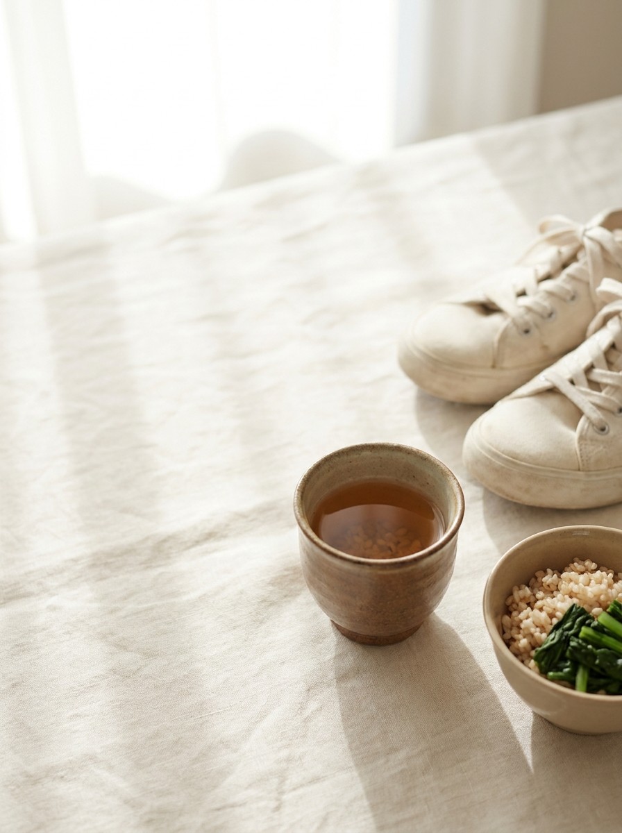 A ceramic cup of barley tea, a small bowl of brown rice with steamed greens and a pair of canvas walking sneakers at the lower-right of cream linen, with bright empty space at the upper-left.