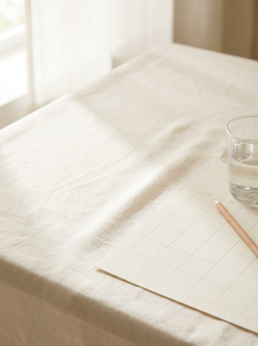 A blank calendar sheet with an empty grid, a wooden pencil and a glass of water at the lower-right of cream linen, with bright empty space at the upper-left.