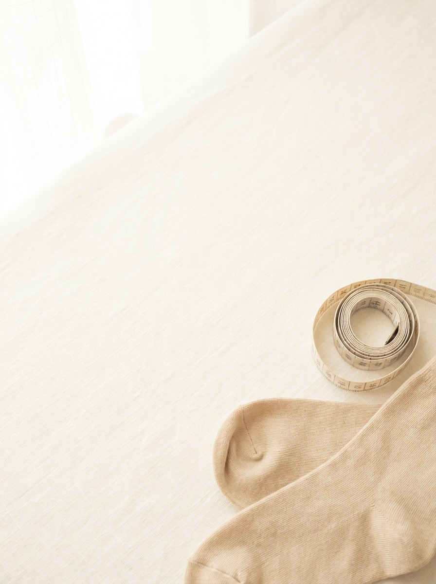 A loosely coiled cloth measuring tape and a pair of beige cotton socks pushed to the lower-right of cream linen, the upper-left left empty.