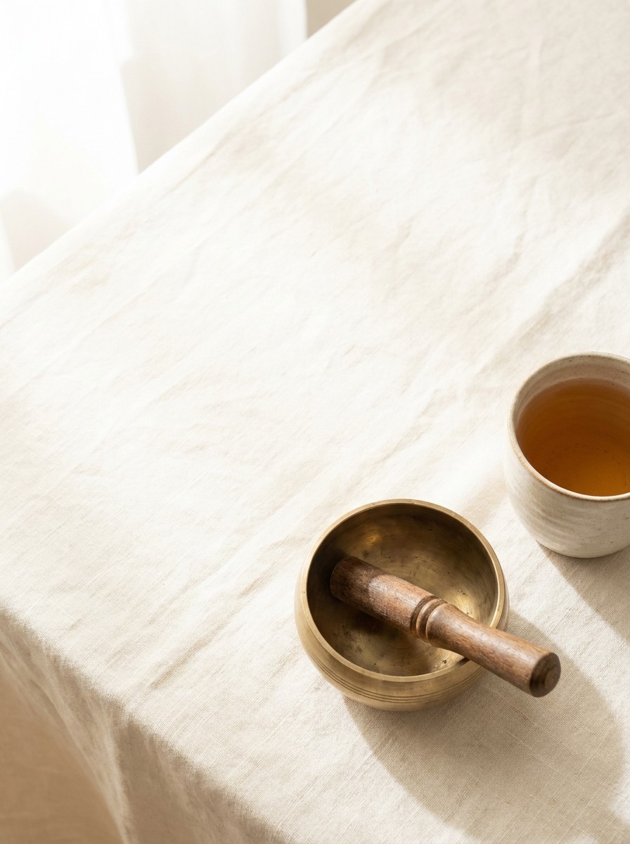 A small brass singing bowl with its wooden striker and a ceramic cup of barley tea at the lower-right of cream linen, with bright empty space at the upper-left.
