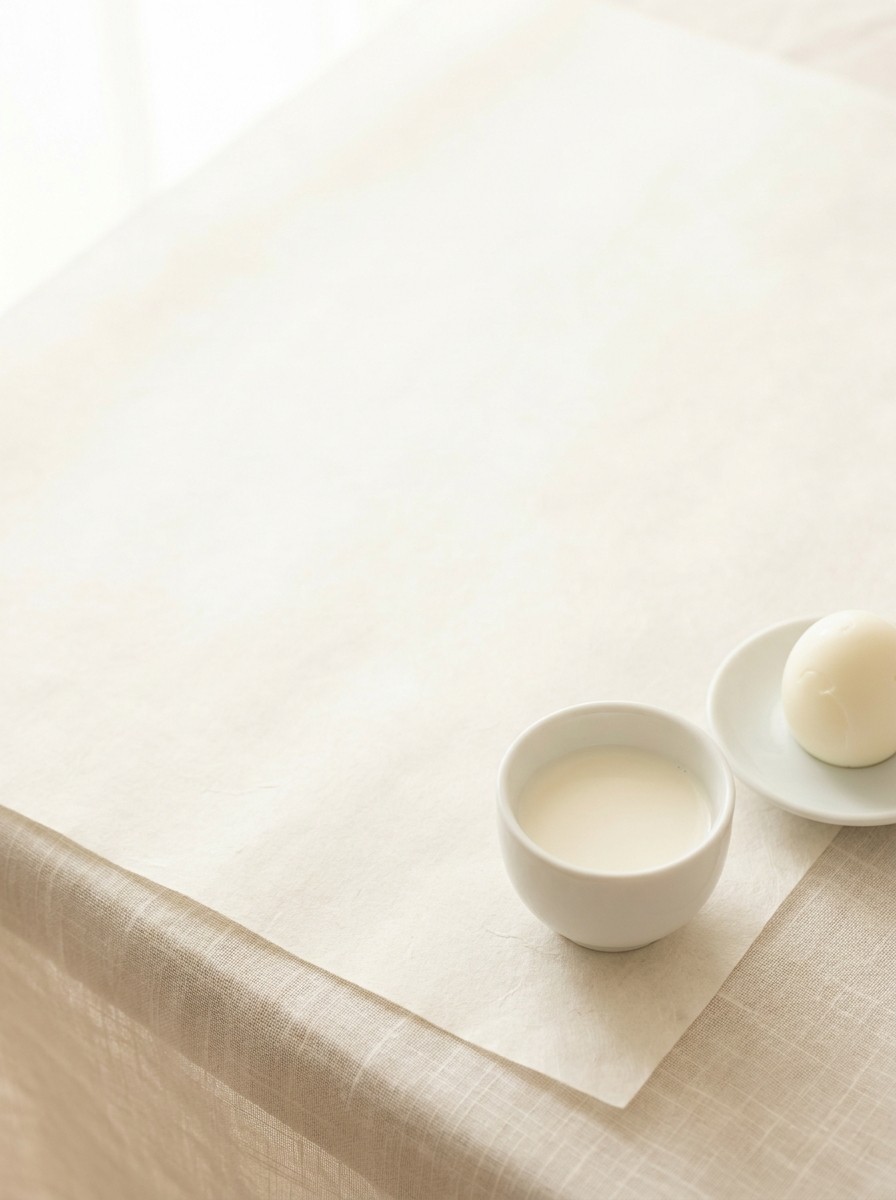A tiny porcelain cup of warm milk and a peeled boiled egg on a small saucer at the lower-right of cream hanji paper, with bright empty space at the upper-left.