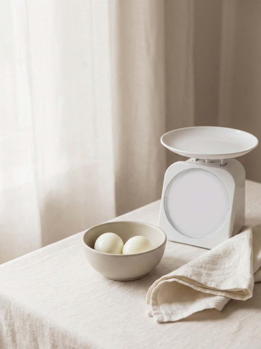 A small bowl with two peeled boiled eggs, a white kitchen scale with a blank face and a folded linen napkin on cream linen, the upper-left left open.