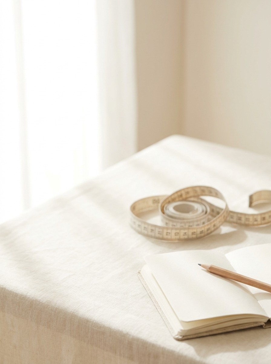 A coiled cloth tape measure and an open blank notebook with a pencil pushed to the lower-right of cream linen, the upper-left left empty.
