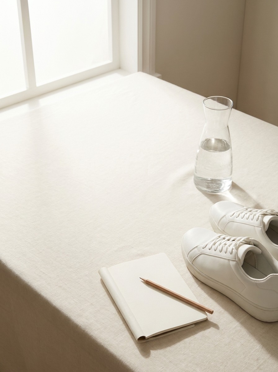 A pair of white walking sneakers, a glass carafe of water and a blank notebook with a wooden pencil at the lower-right of cream linen, with bright empty space at the upper-left.