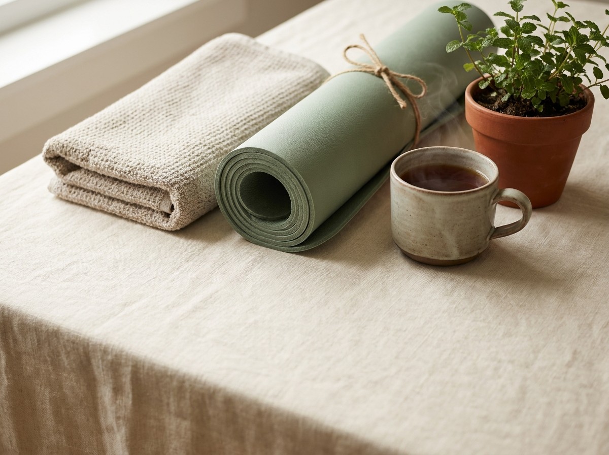 A rolled sage-green exercise mat, a folded oatmeal towel, a cup of warm tea and a small potted plant on cream linen in soft light.