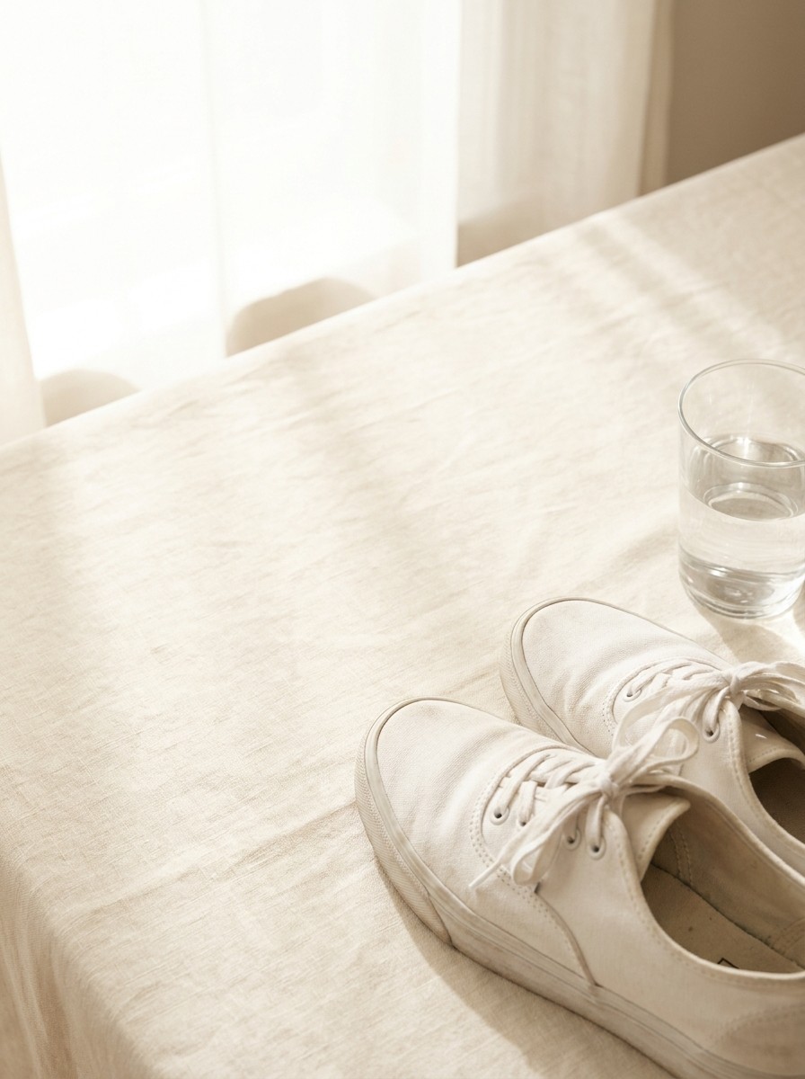 A pair of plain white canvas sneakers and a glass of water pushed to the lower-right of cream linen, the upper-left left empty in soft window light.