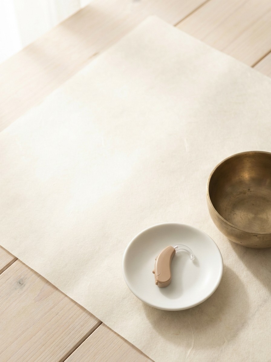 A small beige behind-the-ear hearing aid on a white porcelain dish beside a brass bowl at the lower-right of cream hanji paper, with bright empty space at the upper-left.
