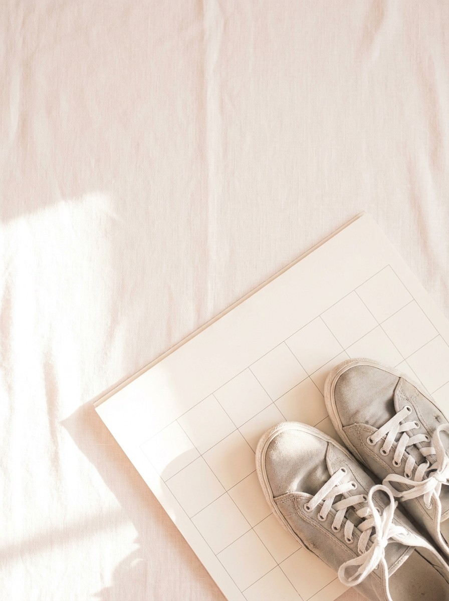 A pair of light gray walking sneakers resting on a blank calendar page at the lower-right of blush-tinted linen, the upper-left left empty.