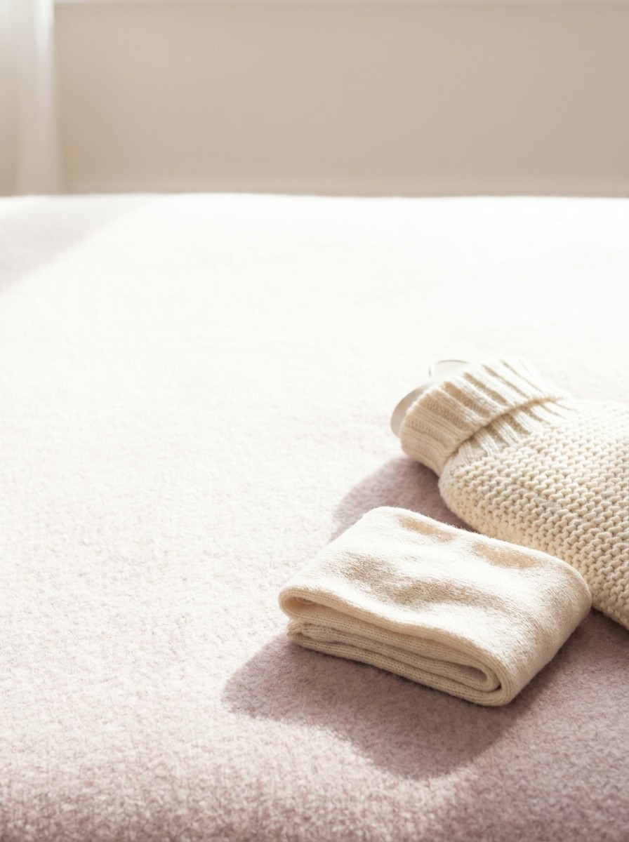 A hot water bottle in a cream knitted cover and a folded knitted band on a plum-blush wool blanket, with open space at upper left.