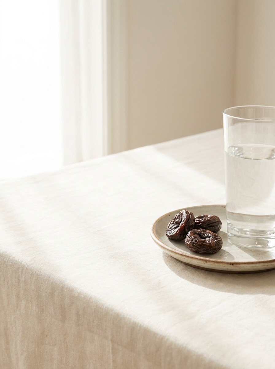 A tall glass of water and a few dried prunes on a small saucer pushed to the lower-right of cream linen, the upper-left left empty.
