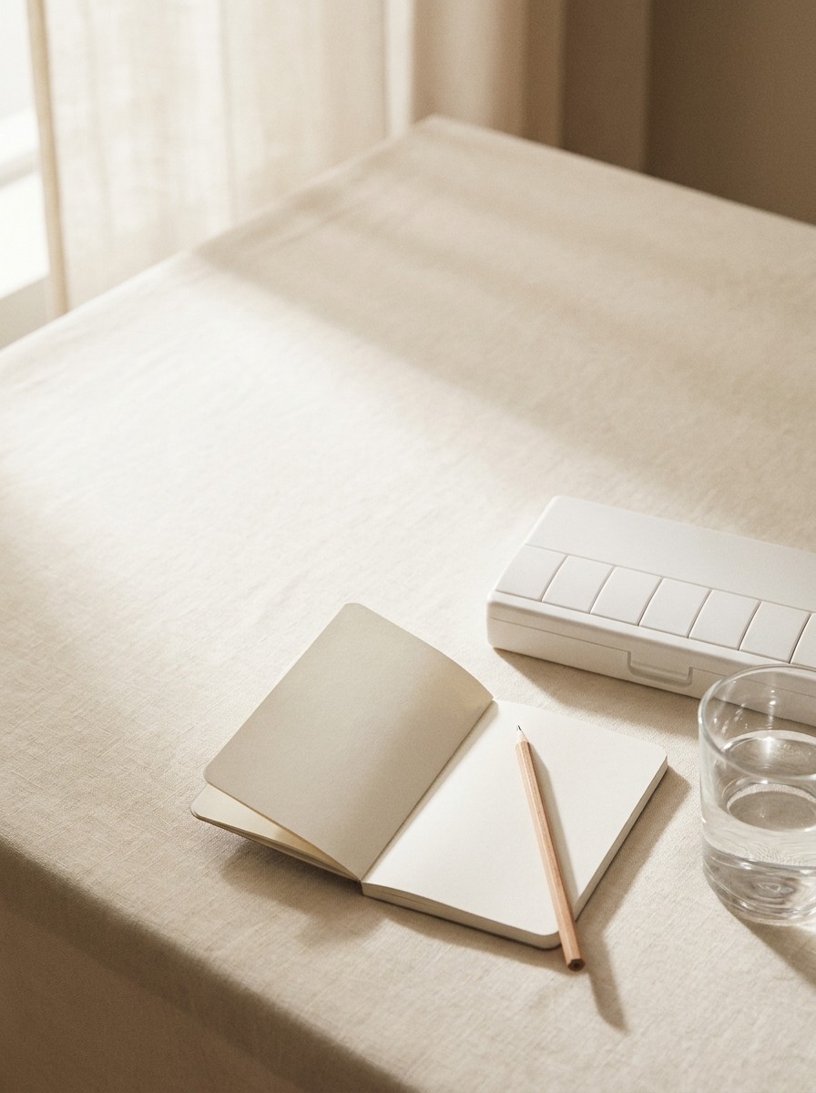 A closed white pill organizer, a small blank notebook with a pencil and a glass of water pushed to the lower-right of cream linen, the upper-left left empty in soft window light.