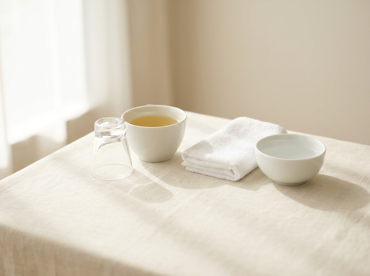An upturned empty shot glass, a cup of warm barley tea, a folded white cotton towel and a small bowl of water on cream linen in soft window light.