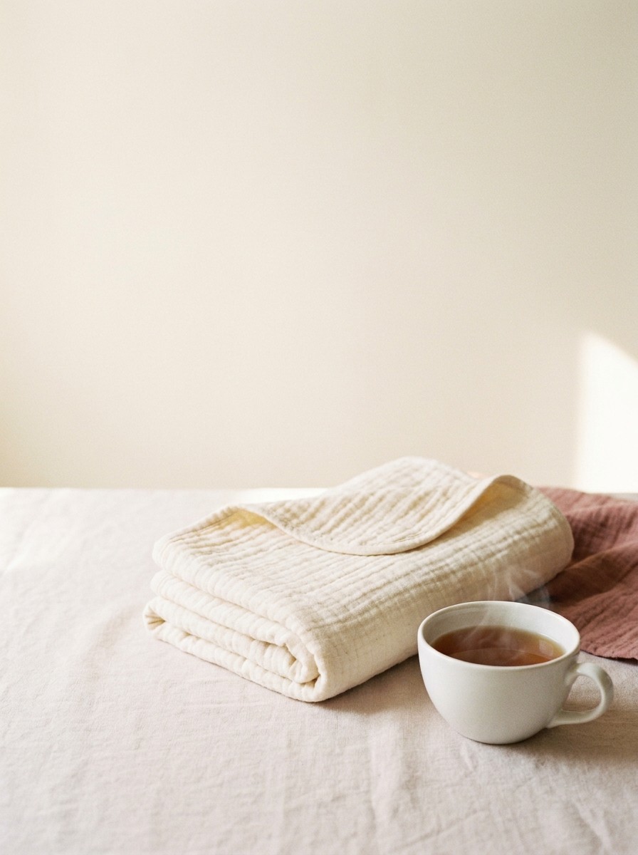 A folded cream muslin baby swaddle and a white cup of warm tea on pale linen, with open space at upper left.