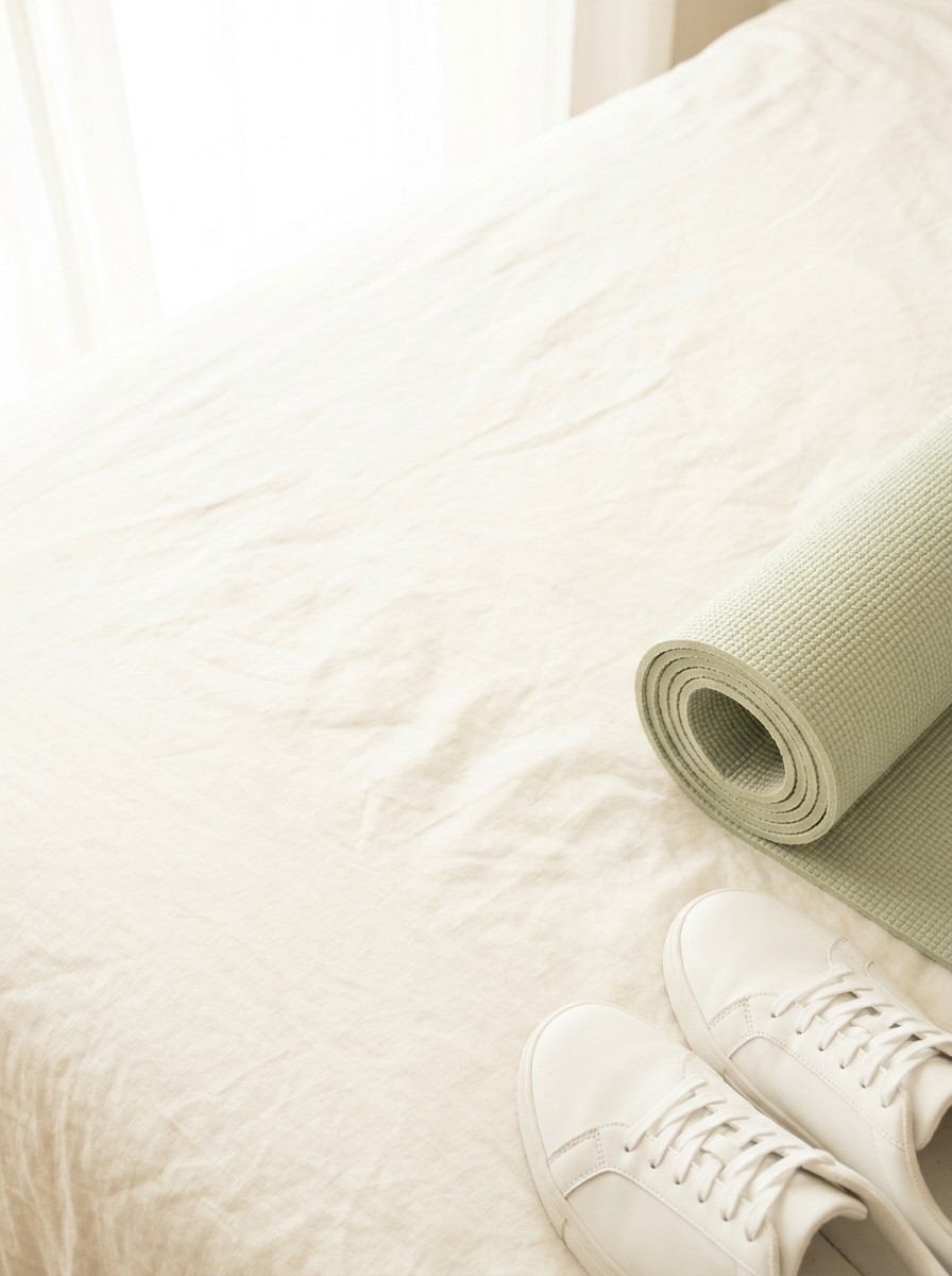 A pair of white walking sneakers and a rolled pale sage exercise mat pushed to the lower-right of cream linen, the upper-left left empty.