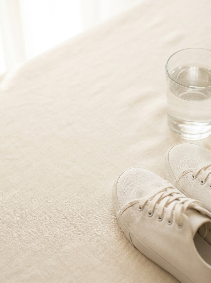 A pair of plain white sneakers and a glass of water at the lower-right of cream linen, with bright empty space at the upper-left.