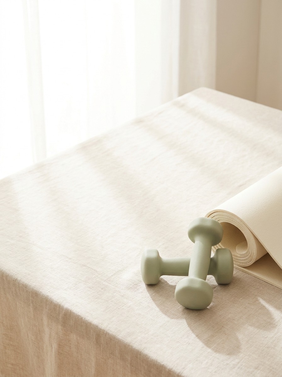A pair of pale sage hand dumbbells and a rolled cream yoga mat pushed to the lower-right of cream linen, the upper-left left empty in soft window light.