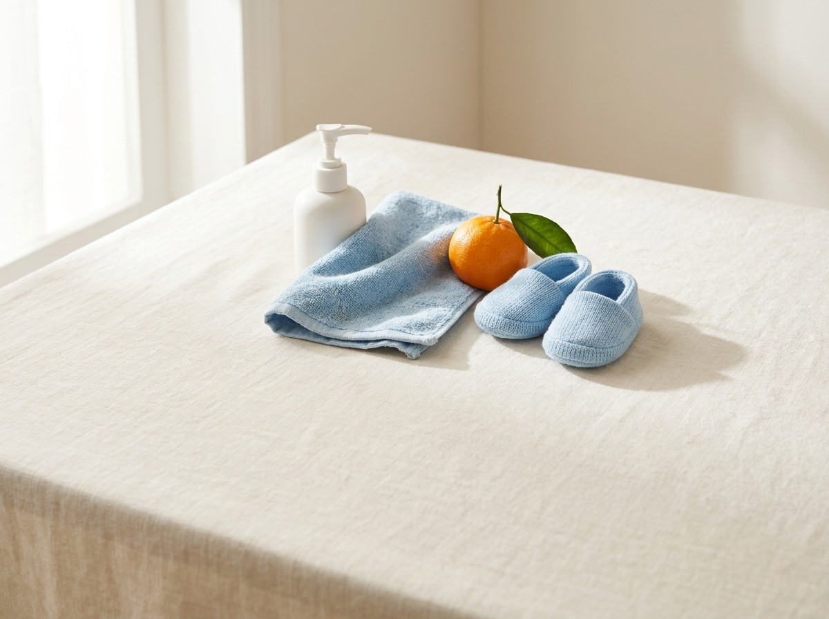 A plain white pump bottle of hand soap, a folded sky-blue children's hand towel, a whole tangerine with a leaf and a small pair of sky-blue children's slippers grouped on cream linen in soft window light.