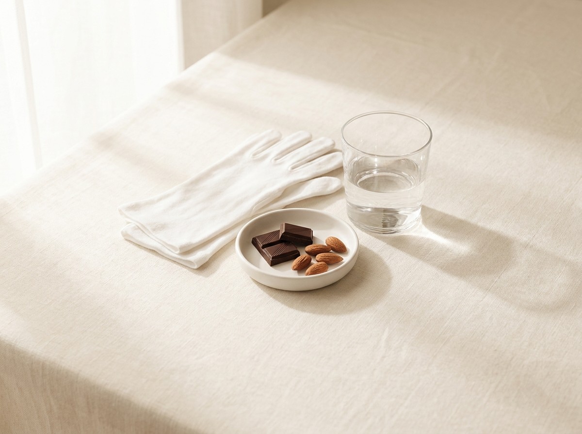 Folded white cotton gloves, a small dish of dark chocolate and almonds and a glass of water on cream linen in soft window light.
