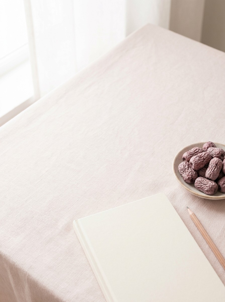 A closed plain cream notebook with a pencil and a small dish of dried jujubes on blush linen, with open space at upper left.