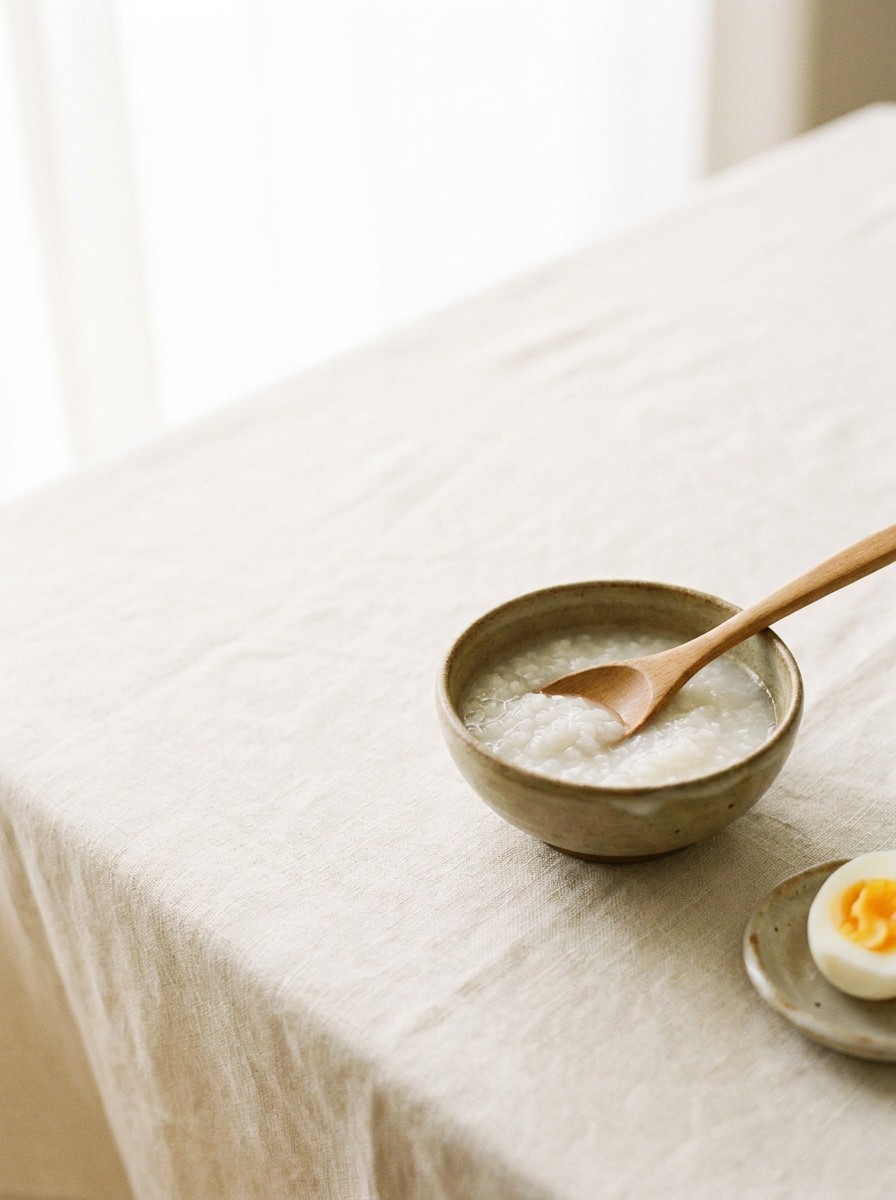 A small ceramic bowl of rice porridge with a wooden spoon and a halved boiled egg at the lower-right of a cream linen tablecloth, with bright empty space at the upper-left.