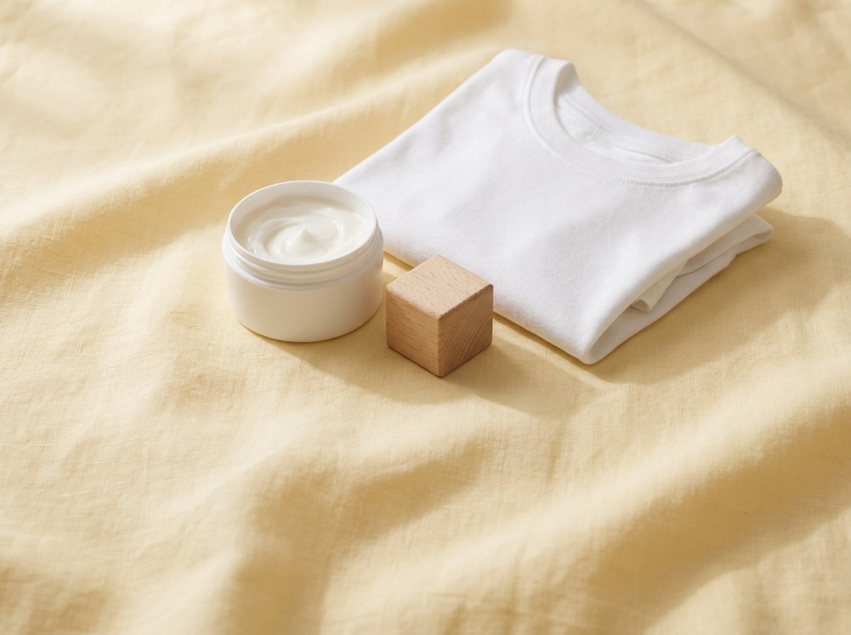 A plain white jar of thick moisturizing cream, a folded white cotton child's t-shirt and a small wooden toy block on pale butter-yellow linen in soft morning light.