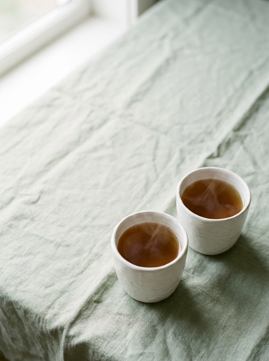 Two white ceramic cups of warm tea side by side on sage-green linen, with open space at upper left.