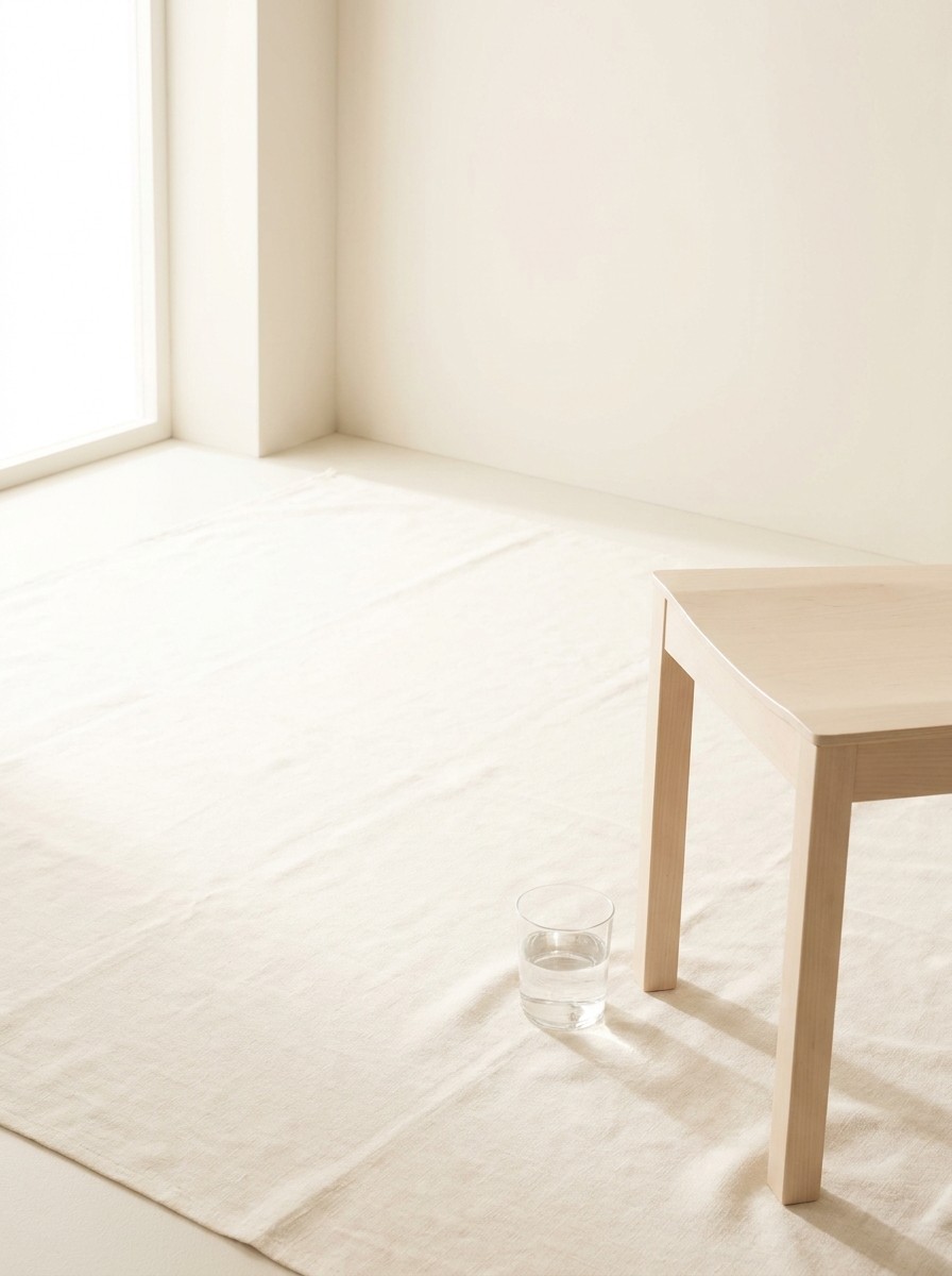 A plain light wooden chair and a glass of water on a cream linen floor runner at the lower-right, the upper-left left empty in soft window light.
