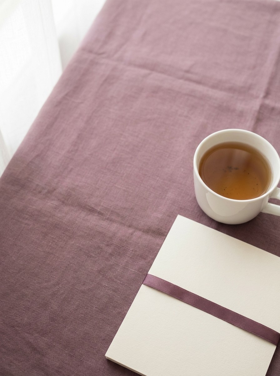 A blank paper calendar with a thin plum ribbon and a white cup of warm tea on soft plum-mauve linen, with open space at upper left.