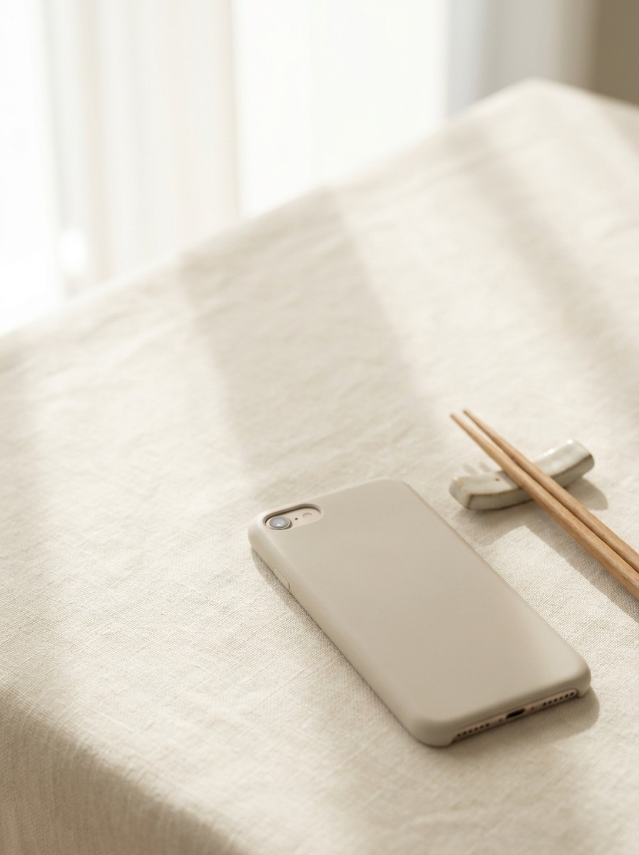 A plain smartphone lying face-down and wooden chopsticks on a rest pushed to the lower-right of cream linen, the upper-left left empty in soft window light.