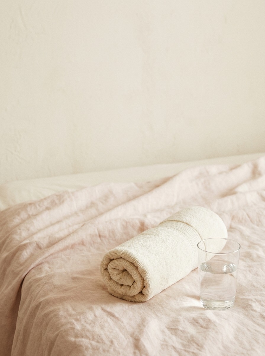 A rolled white hand towel and a clear glass of water on a blush linen bedsheet, with open space at upper left.