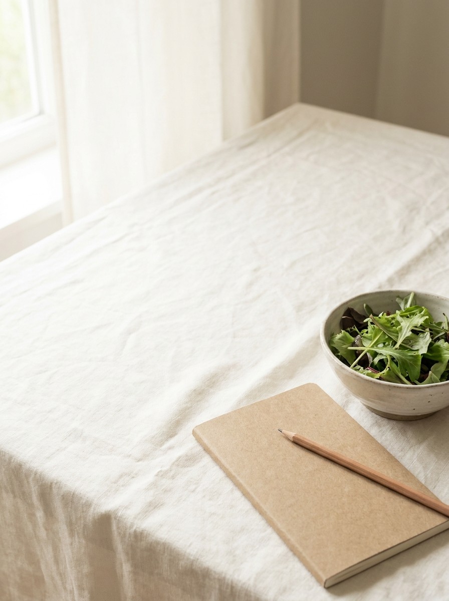 A closed kraft notebook with a wooden pencil and a bowl of leafy greens pushed to the lower-right of cream linen, the upper-left left empty.