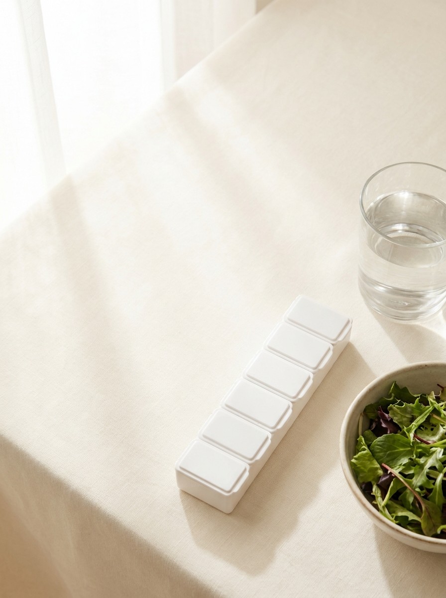 A closed plain white weekly pill organizer, a glass of water and a bowl of leafy greens at the lower-right of cream linen, with bright empty space at the upper-left.
