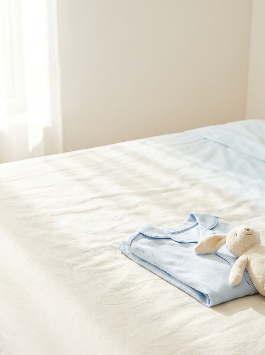 Folded pale blue children's pajamas and a soft cream plush bunny on a cream bedsheet, with open space at upper left.