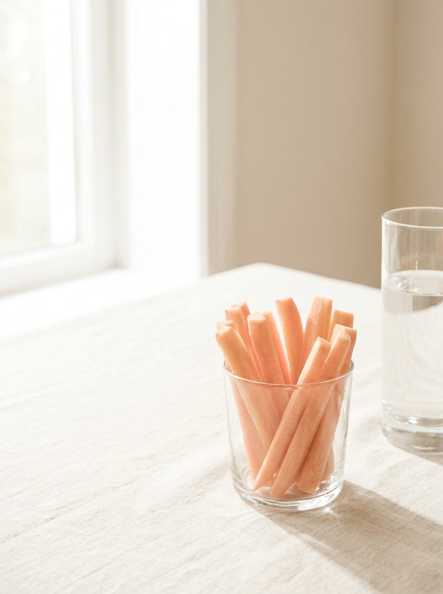 A short glass of carrot sticks and a glass of water pushed to the lower-right of cream linen, the upper-left left empty.