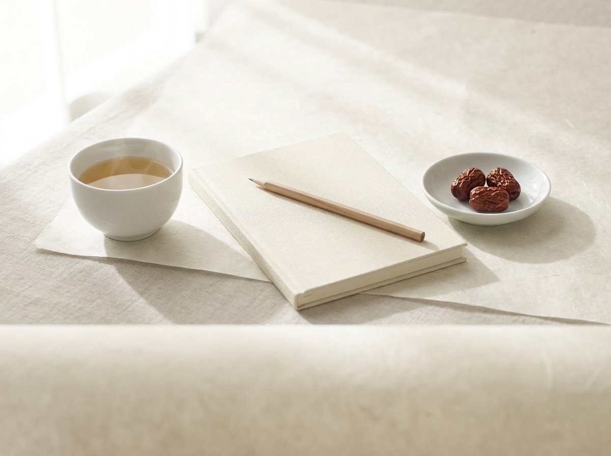 A closed cream notebook with a wooden pencil, a white porcelain cup of warm tea and a small dish of dried jujubes clustered on cream hanji paper in soft window light.