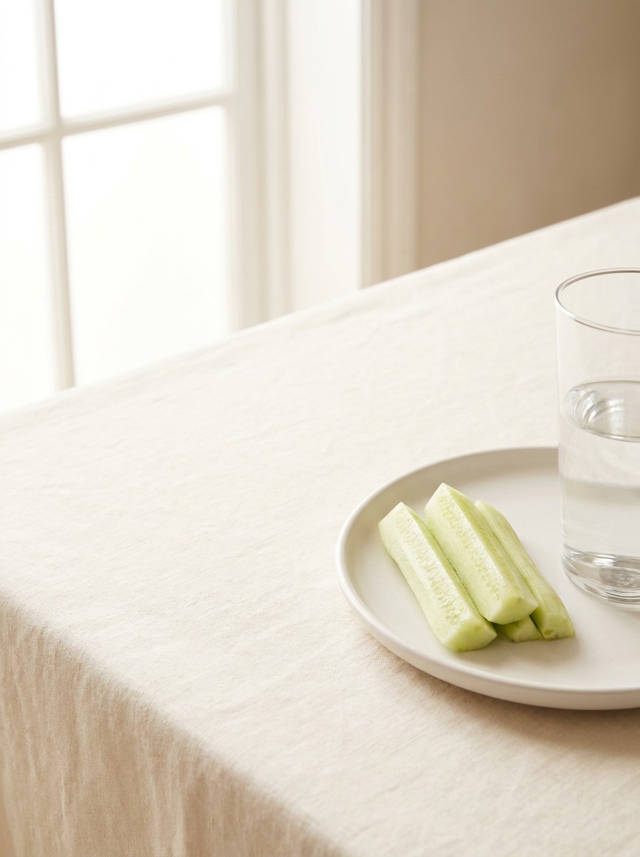 A white plate of peeled cucumber sticks and a tall glass of water at the lower-right of a cream linen tablecloth, with bright empty space at the upper-left.