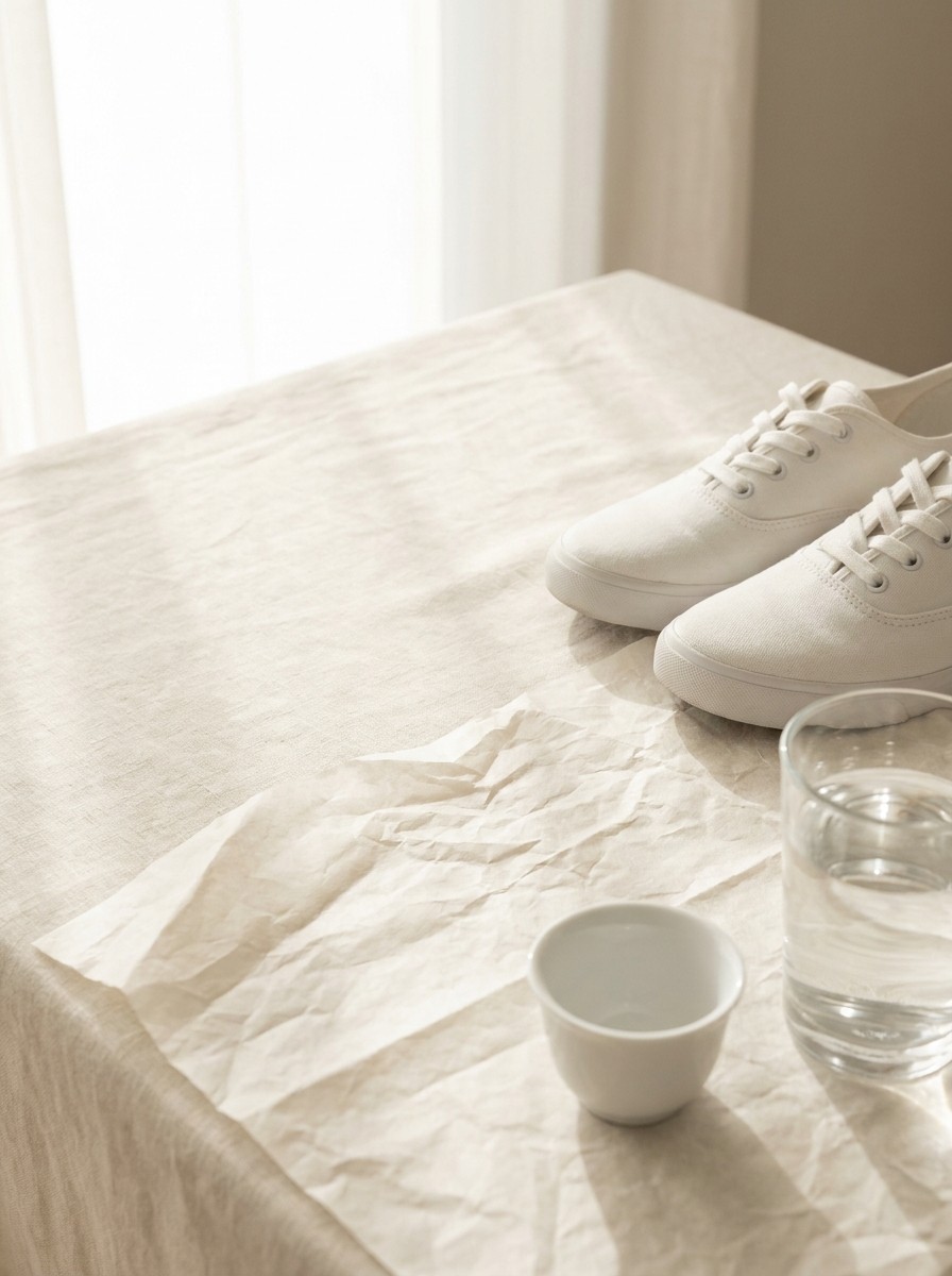 A glass of water and a small white rinsing cup in the lower-right of cream linen and hanji with white sneakers behind them, the upper-left left empty.