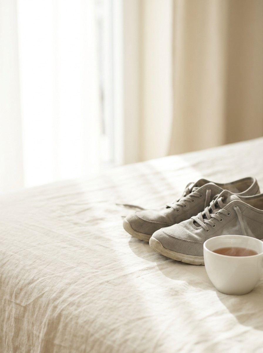 A pair of plain grey walking shoes and a white porcelain cup of warm tea at the lower-right of cream linen, with bright empty space at the upper-left.
