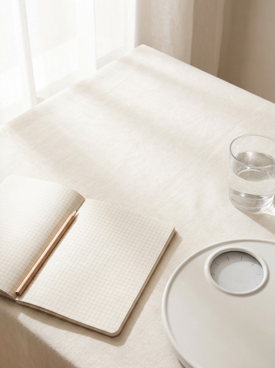 A blank grid notebook with a wooden pencil, a plain white bathroom scale and a glass of water at the lower-right of cream linen, with bright empty space at the upper-left.