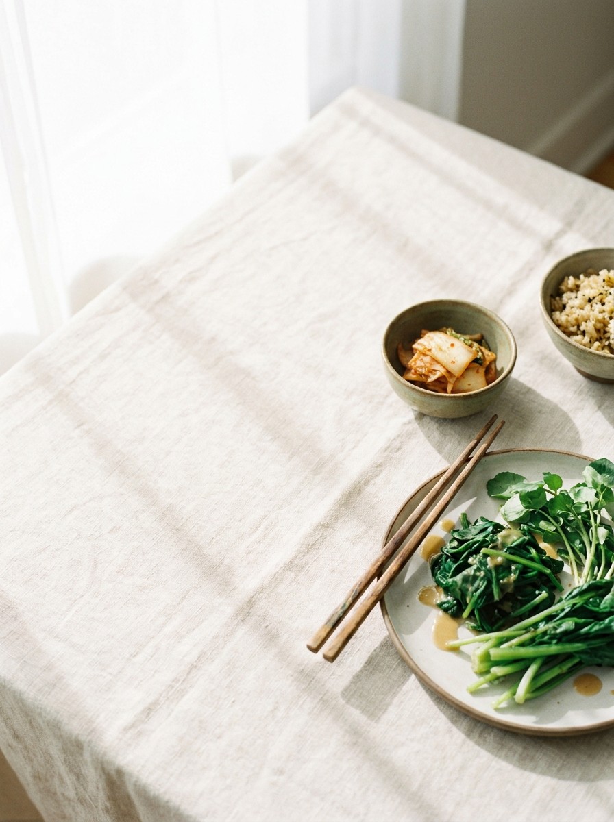 A plate of blanched greens with wooden chopsticks resting on it pushed to the lower-right of cream linen, the upper-left left empty in soft window light.