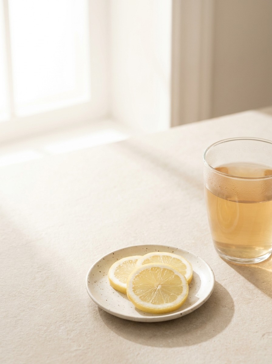 A soft natural-light still life with the props at the lower-right and bright empty space at the upper-left.