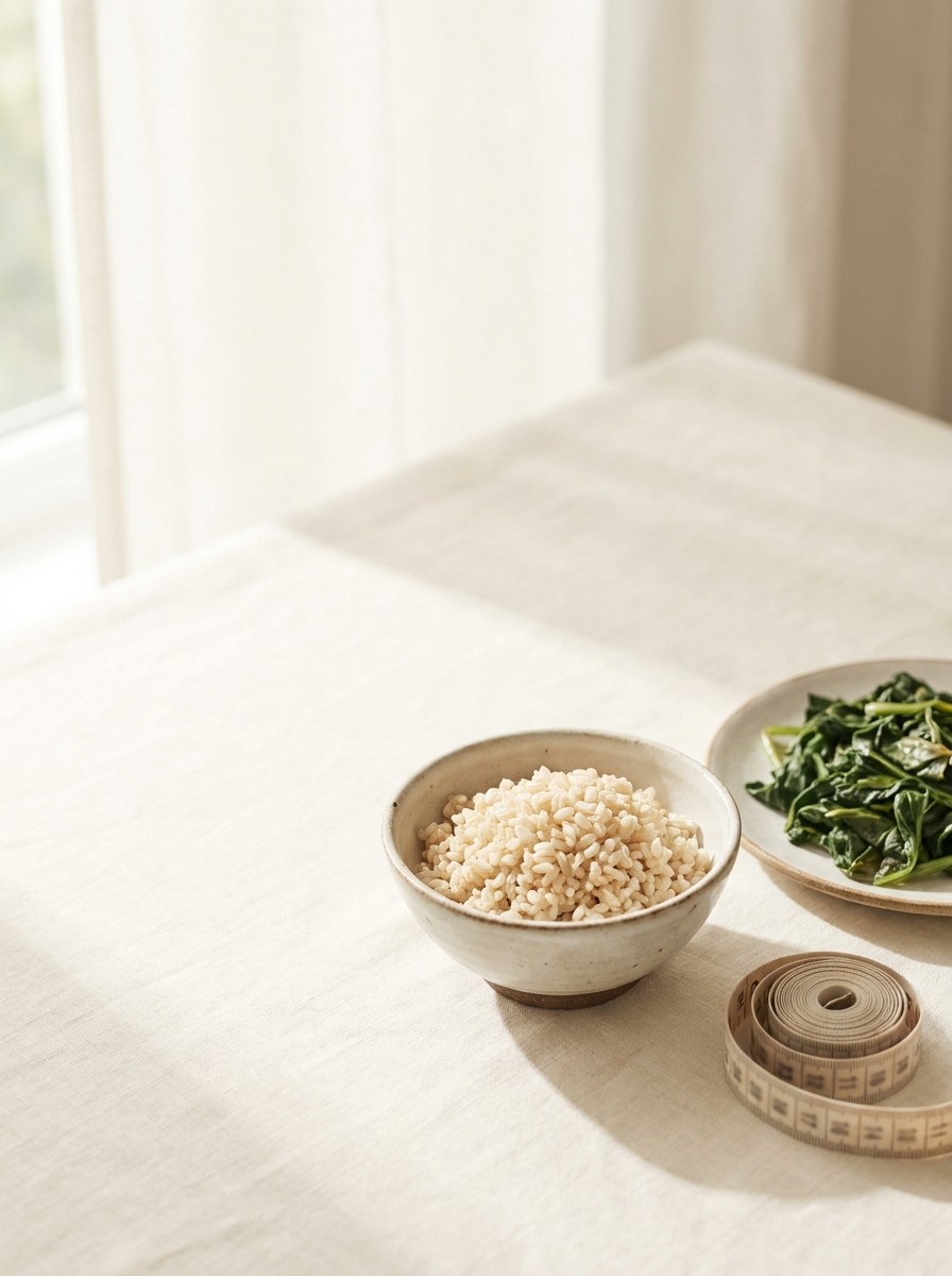 A ceramic bowl of brown rice, a plate of leafy greens and a rolled cloth measuring tape pushed to the lower-right of cream linen, the upper-left left empty.
