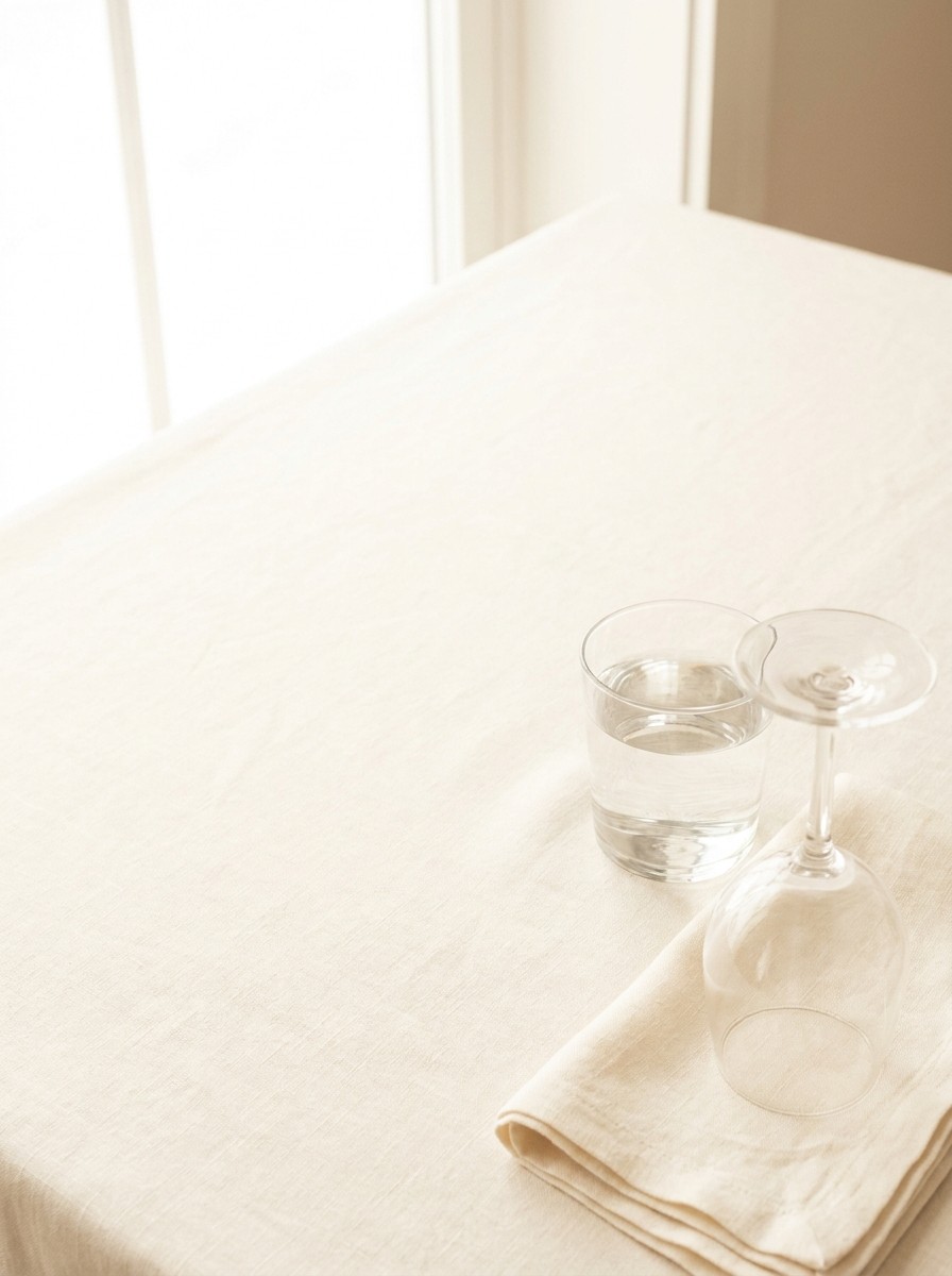 A glass of water and an upturned empty wine glass on a folded linen napkin pushed to the lower-right of a cream tablecloth, the upper-left left empty.
