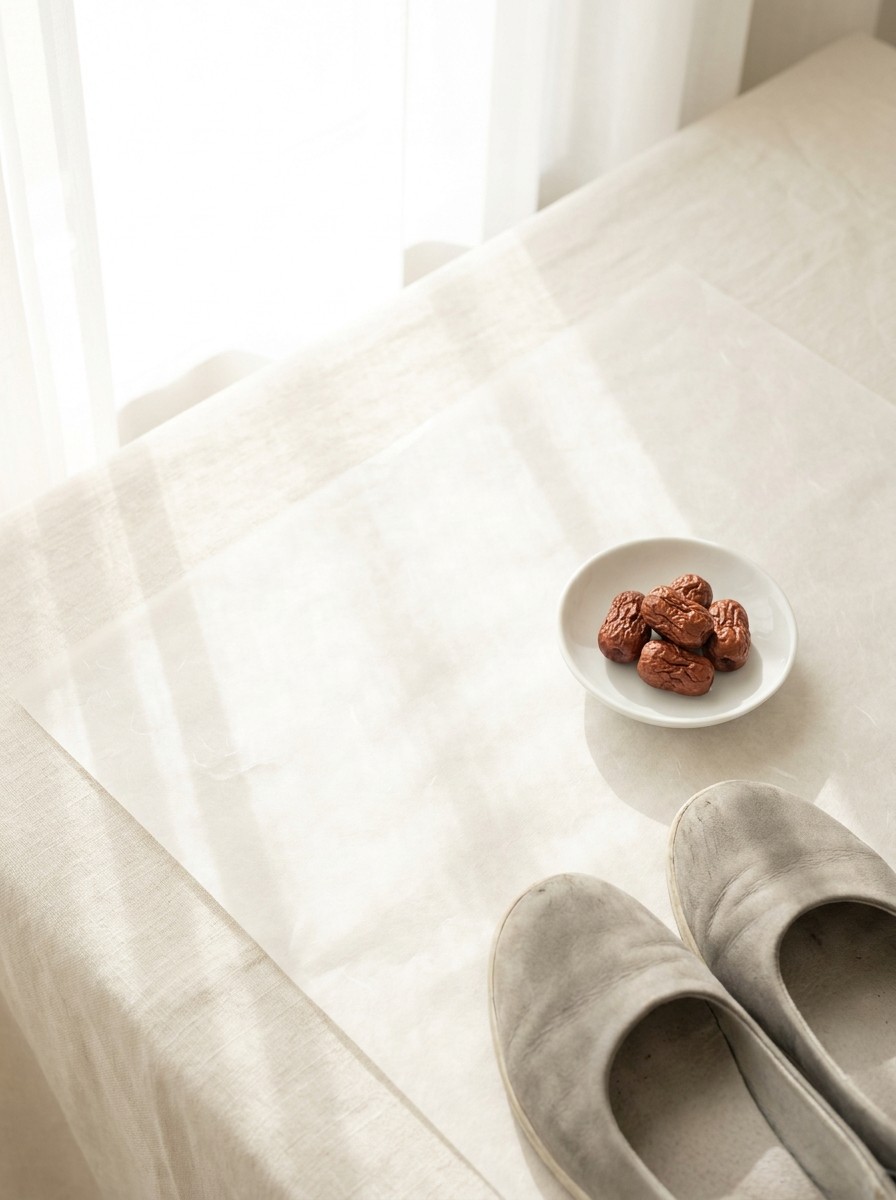 A pair of soft grey walking shoes and dried jujubes on a small white dish pushed to the lower-right of cream linen and hanji, the upper-left left empty in soft window light.