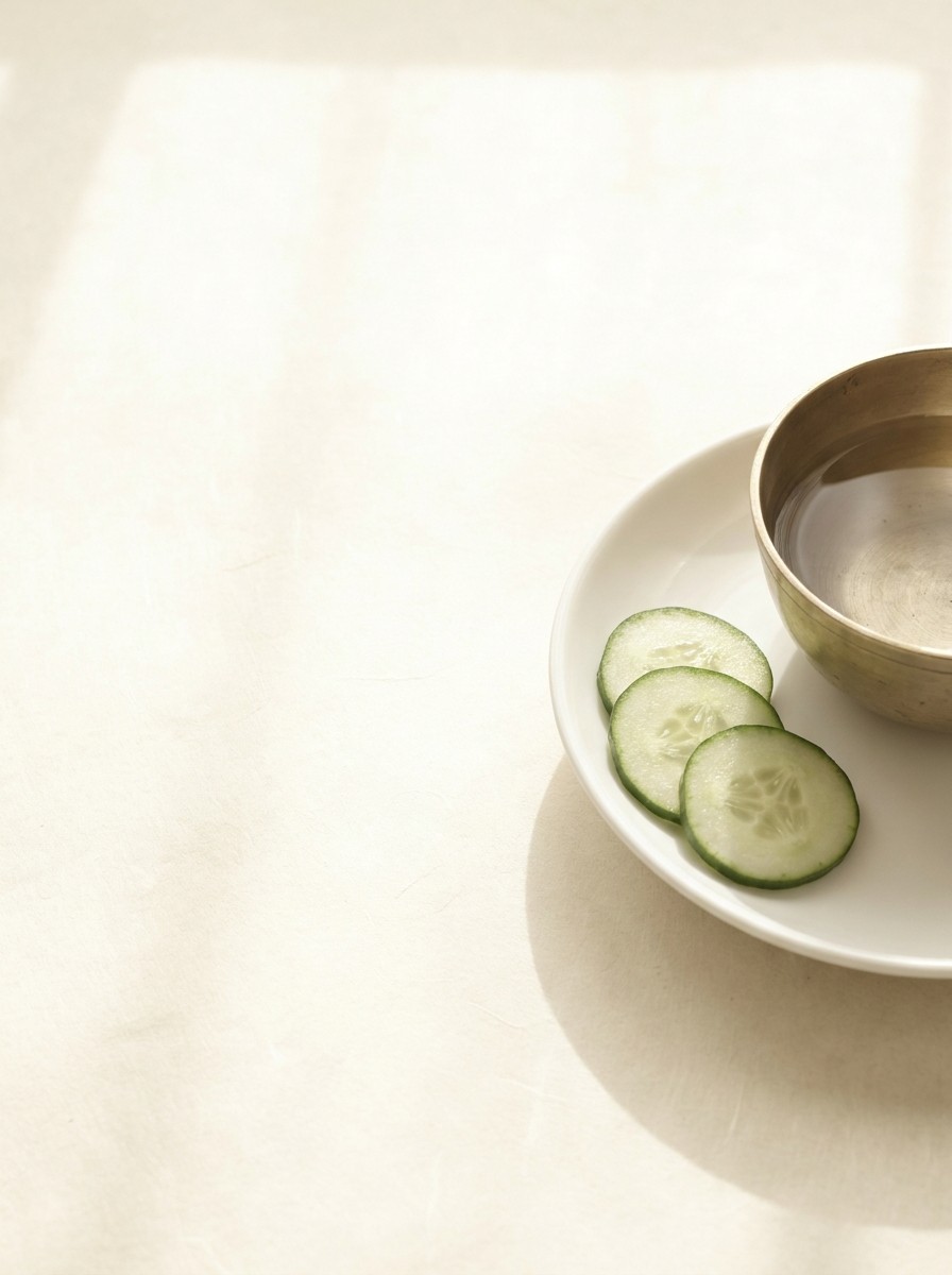 A white porcelain dish with cucumber slices and a small brass bowl of cool water at the lower-right of cream hanji paper, with bright empty space at the upper-left.