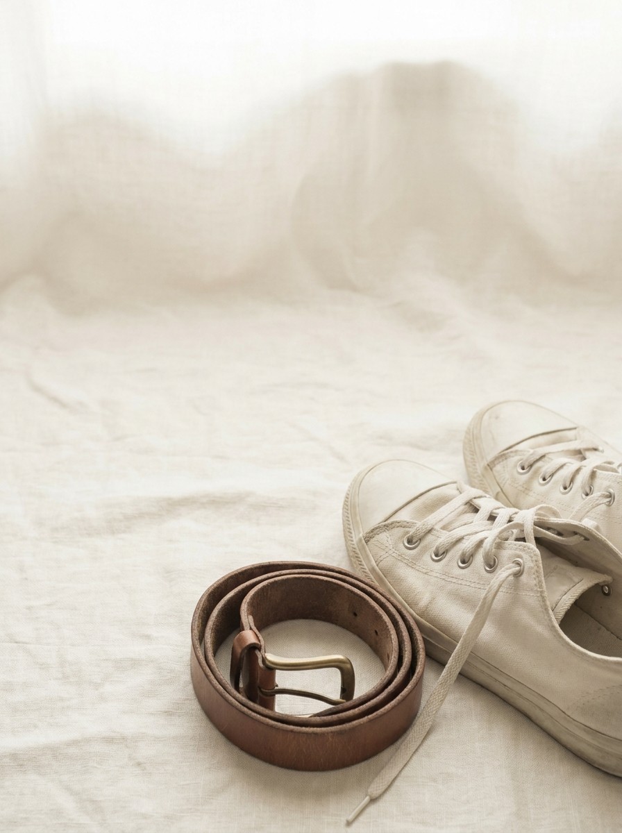 A pair of white canvas sneakers and a loosely coiled brown leather belt pushed to the lower-right of cream linen, the upper-left left empty.