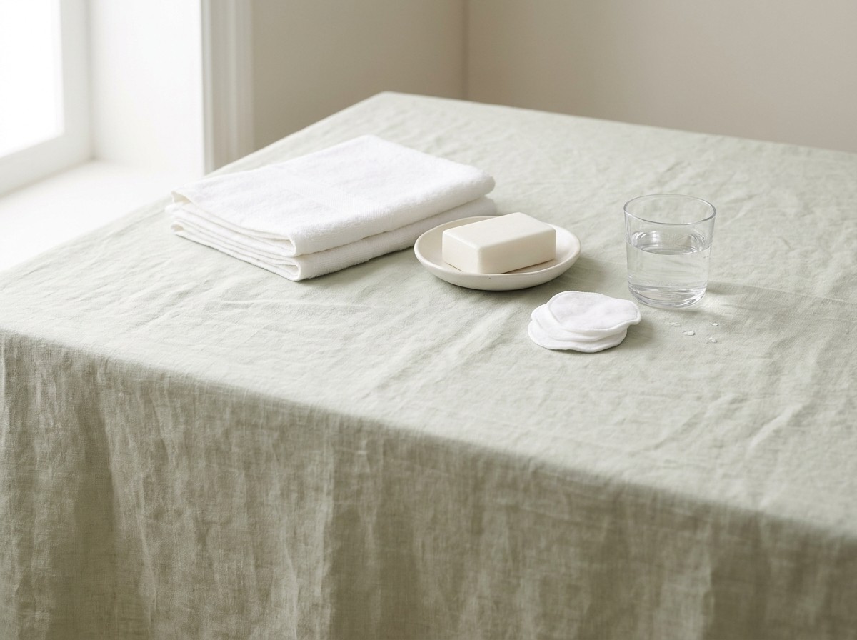 A folded white cotton towel, a plain white bar of soap on a ceramic dish, round cotton pads and a glass of water on pale sage linen in soft morning light.