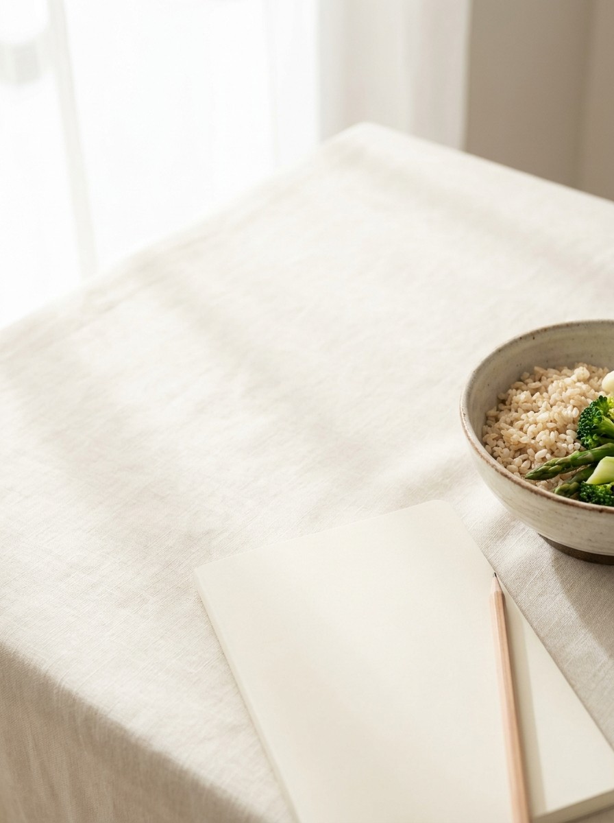 A closed cream notebook with a wooden pencil and a ceramic bowl of brown rice with steamed green vegetables at the lower-right of cream linen, the upper-left left empty.