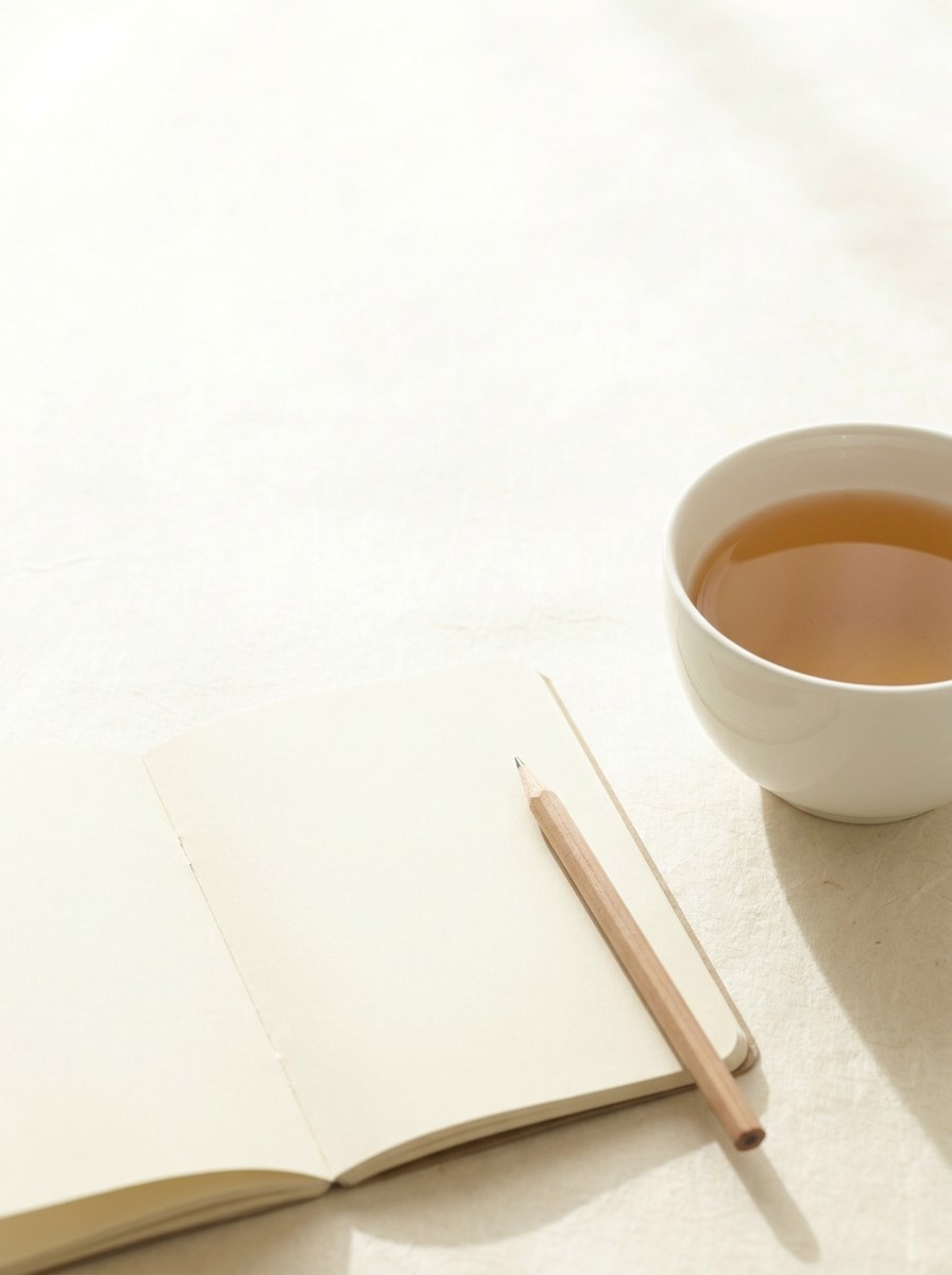 A small open notebook with a pencil and a white porcelain cup of cool barley tea at the lower-right of cream hanji paper, with bright empty space at the upper-left.